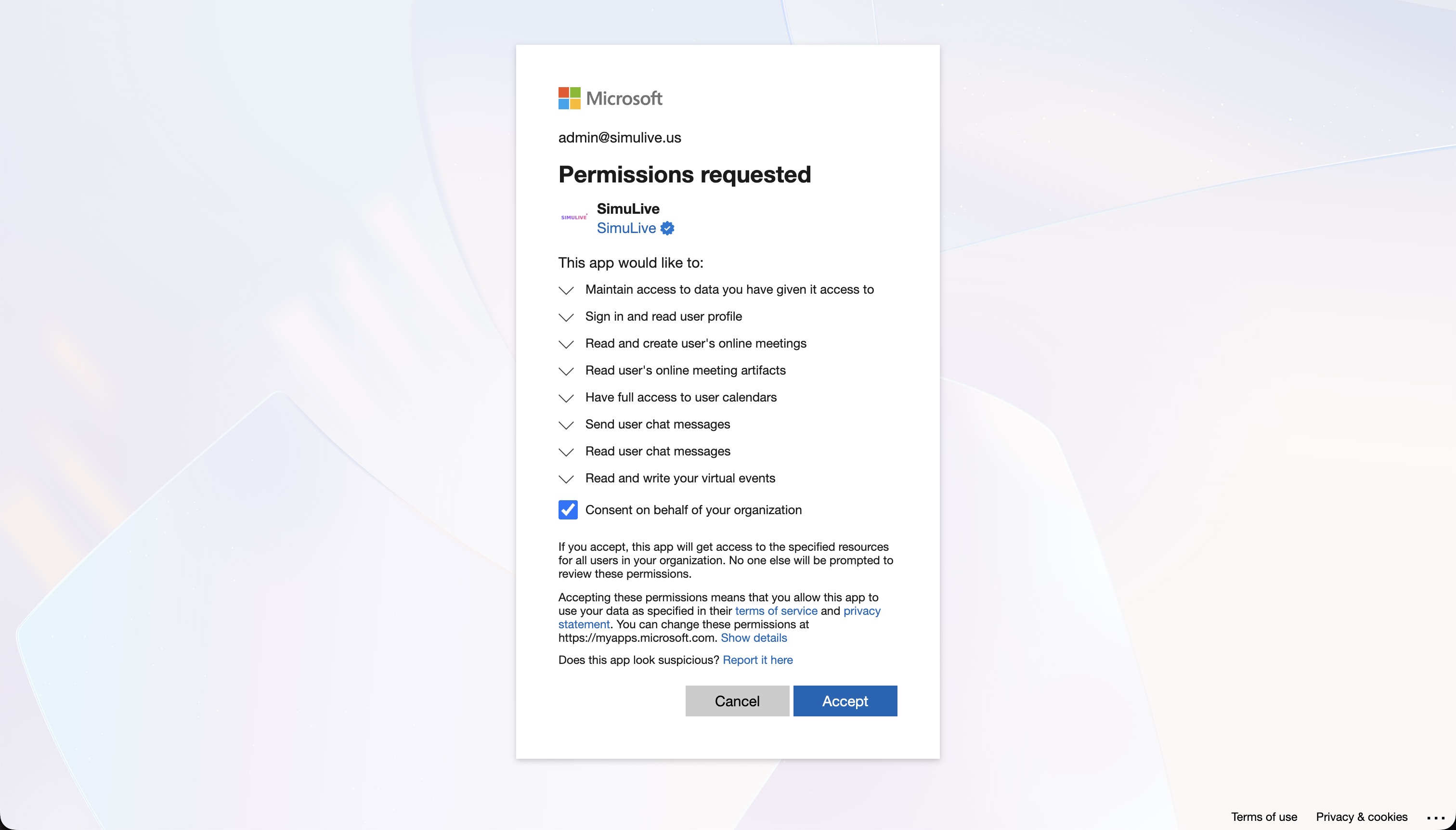 Microsoft consent screen for SimuLive