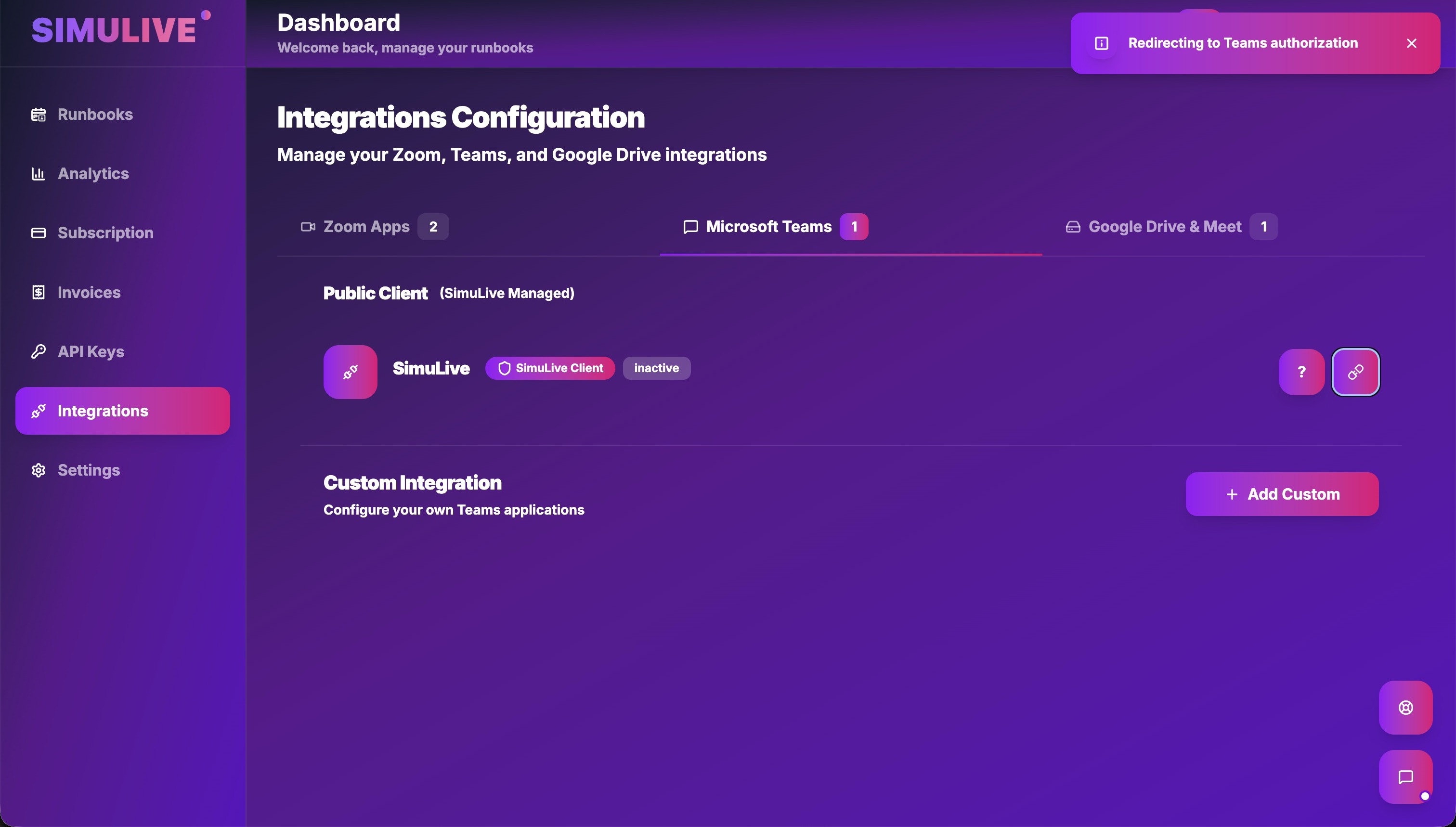 SimuLive Teams integration page with the Public Client