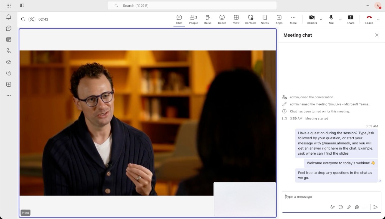 SimuLive playing content in a Microsoft Teams meeting