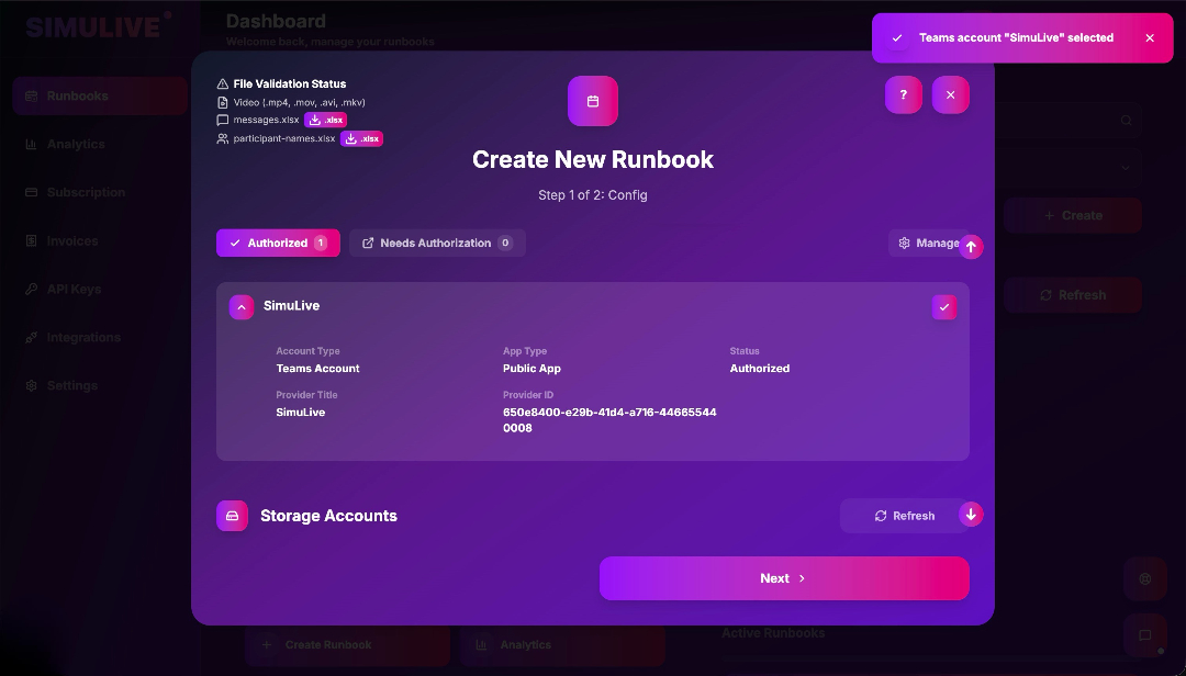 SimuLive runbook creation wizard with a Microsoft Teams account
