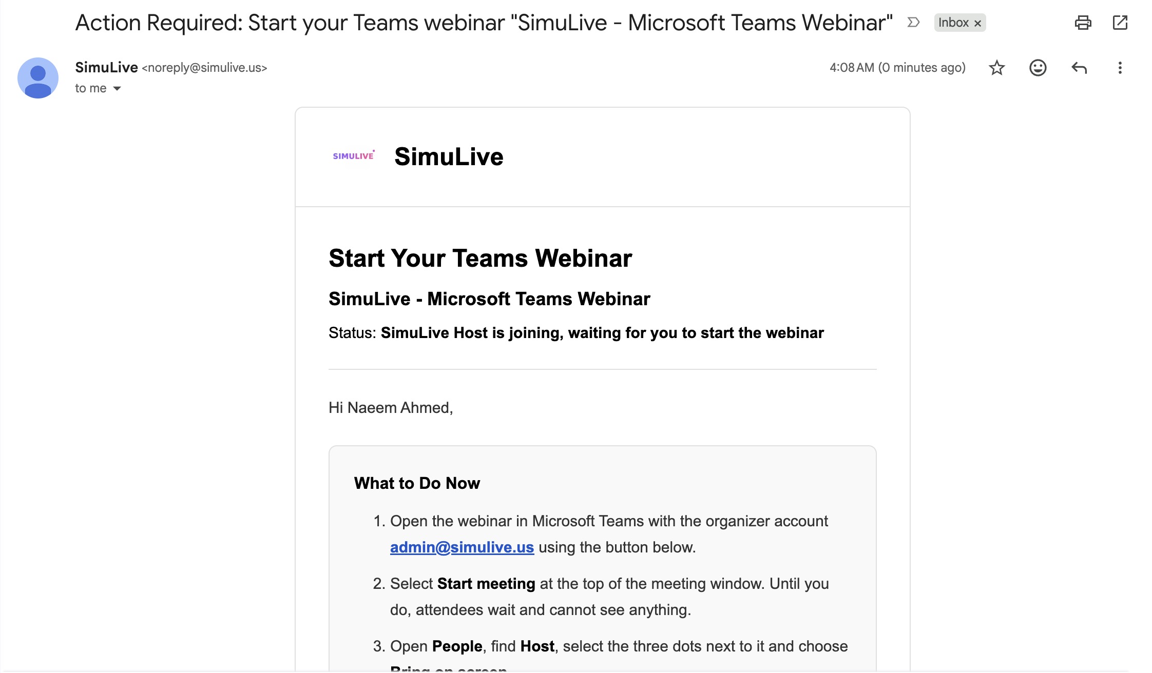 SimuLive email with the steps to start a Teams webinar