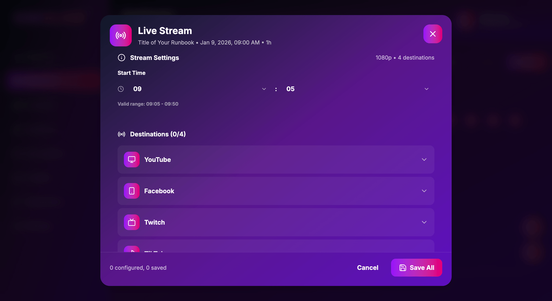 SimuLive Live Stream Configuration Modal
