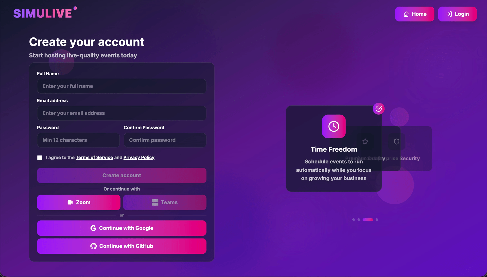 SimuLive Sign Up Page